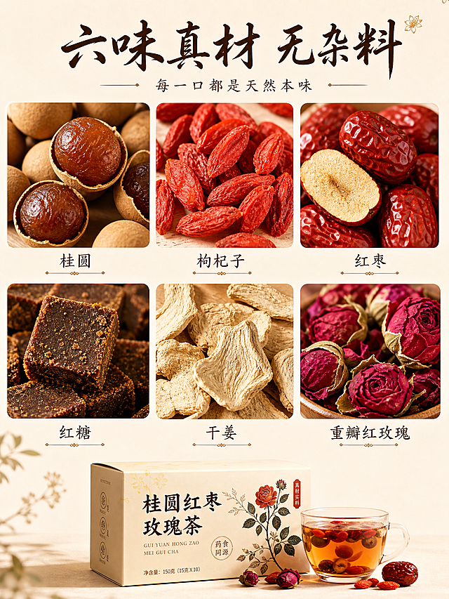 [第3屏] 成分原料展示屏，展示六种天然真实配料。本屏将六种配料做微距平铺展示，原料作为主视觉占屏超过70%。
[氛围/风格] 自然真实质感，突出真材实料，干净通透的视觉效果，商业食材摄影质感。
[元素布局] 六种配料：桂圆、枸杞子、红枣、红糖、干姜、重瓣红玫瑰，每种配料做微距特写拍摄，分两排三列网格布局展示，每个配料下方标注名称；产品包装盒放在底部作为辅助展示；所有原料保持自然真实的新鲜状态，颗粒完整清晰。
[光影质感] 顶部均匀柔光，每种原料都保留清晰纹理和自然阴影，整体通透不干瘪。
[配色色系] 全局底色 #F8F0E3，主色保留原料本身的自然色系，辅助色深棕文字标注，和整体暖调风格统一。
[视角构图] 俯视平铺视角，网格排列整齐，视觉重心均匀分布。
[文字版式] 主标题「六味真材 无杂料」，副标题「每一口都是天然本味」，顶部居中，温润书法感深棕色字体；每种配料下方标注对应名称，小字体清晰可读；字体风格和字色和首屏保持一致。
[比例分辨率] 宽度1080，高度1440，3:4 竖版比例，4K分辨率，高清画质，文字清晰可辨。
[负向提示词] 原料腐烂变质，配料缺失，名称标注错误，水印，文字错乱，颜色杂乱。
