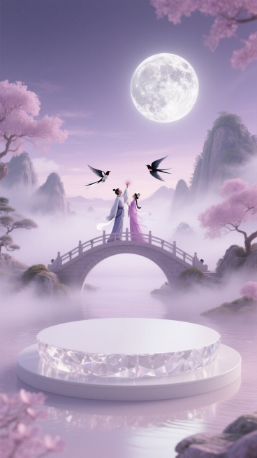 画面主体是淡白色水晶质地圆形空的展台，背景是一些弥漫雾气的山水，山水中间有鹊桥，牛郎织女桥上看月，一对喜鹊盘旋桥边，银盘似的月亮挂在空中，粉紫柔和色调。预览效果