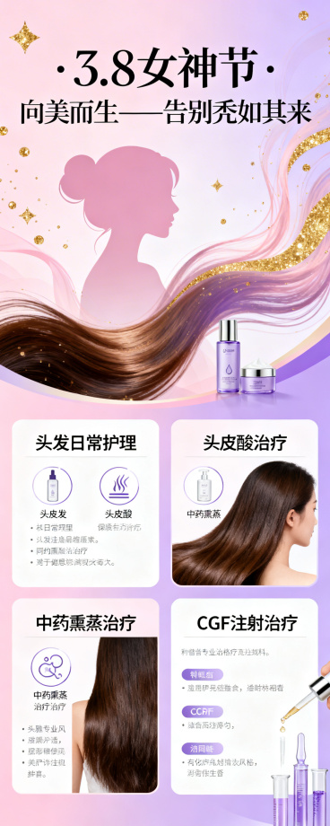 3.8女神节主题护发科普易拉宝，顶部有文字"3.8女神节 · 向美而生——告别秃如其来"，画面以粉色、紫色为主色调，搭配金色点缀，融入女性剪影、飘逸发丝、护发产品元素，分板块展示头发日常护理、头皮酸治预览效果