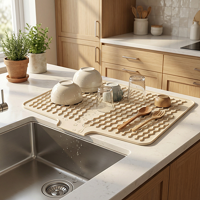 A premium home lifestyle photo of a warm cream beige draining mat placed beside a modern kitchen sink, with the center notch opening facing toward the sink, holding washed cups, bowls, and small kitchen items, realistic water droplets and clean draining effect, soft morning light, cozy modern American kitchen aesthetic, elegant and practical everyday organization, realistic details, soft shadows, warm minimal home styling, 1:1 square format, no text, no logo, no watermark, correct sink-side placement, notch facing inward to the sink, not facing outward, not rotated the wrong direction, realistic countertop use, functional kitchen setup