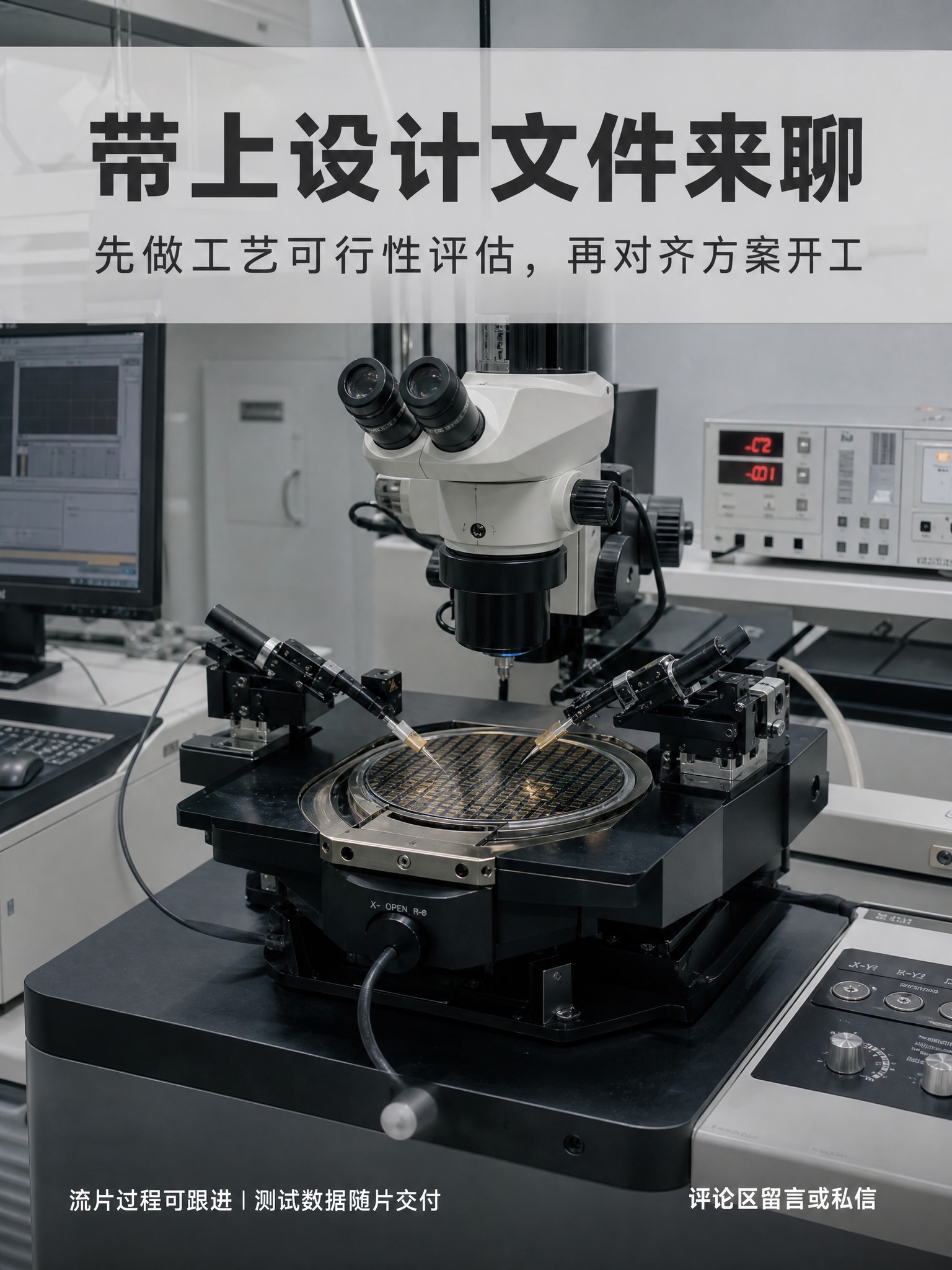 将画面改为真实实验室芯片测试工作台场景，主体为晶圆探针台，摆放… - 图片创意预览