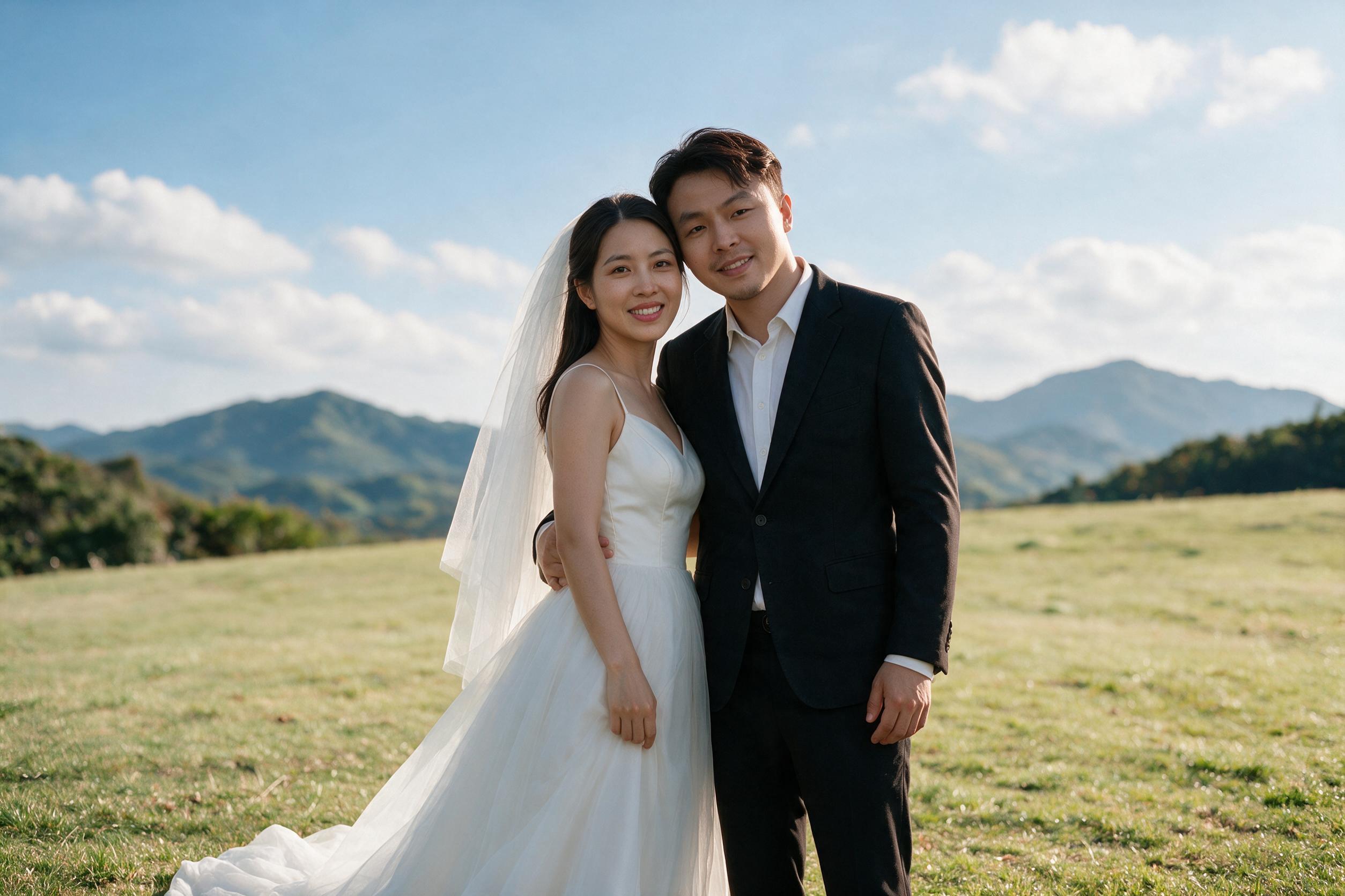 高度还原参考图中两人的面部特征和样貌，一对真实亚洲新人的户外婚… - 图片创意预览