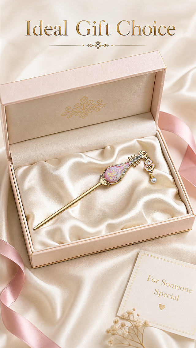 [Screen 7] Gifting scenario page. Show [image1] hairpin placed in an elegant gift box with silk lining. Title: "Ideal Gift Choice"