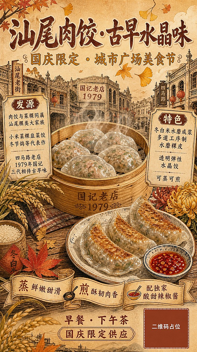 手绘复古风格海报，秋季主题，汕尾肉饺（菜粿/肉粿）国庆限定美食活动宣传。画面比例9:16竖版。

整体风格：手绘复古插画风格，暖秋色调（赭石、焦糖、米黄、枫叶红、秋金色），纸张纹理质感，怀旧温暖的古早味氛围，线条细腻带手绘笔触，版式精美。

主视觉：画面中央偏上是一笼刚蒸好的汕尾水晶肉饺，饺皮透明有弹性、隐约可见内里肉馅，旁边摆着几只煎至金黄的煎饺，配一小碟红亮的酸甜辣椒酱；蒸笼旁点缀秋季元素——金黄稻穗、枫叶、秋菊、老潮汕骑楼街景剪影，呼应冬白米原料与秋季时令。

背景层：暖米色做旧纸张纹理底，上方有淡淡的秋季天空与飘飞的银杏叶、枫叶，远处手绘汕尾老街骑楼轮廓与灯笼，营造古早市井氛围；中景是木桌台面承托蒸笼与饺子；前景有虚化的稻穗与枫叶点缀，带景深。

文字排版（全部为中文，手绘复古字体）：
- 顶部主标题（最大字号，赭石色带描边）："汕尾肉饺·古早水晶味"
- 主标题下方副标题（稍小，秋金色）："国庆限定 · 城市广场美食节"
- 画面左侧信息卡片（米黄底棕边，手绘便签风格）：
  小标题"发源"：肉饺与菜粿同属汕尾"粿"类大家族，小米、菜粿、韭菜饺、冬节鸽等代表作；四马路老店（1979年国记）三代相传古早味
- 画面右侧信息卡片（米黄底棕边，手绘便签风格）：
  小标题"特色"：冬白米水磨成浆，多道工序制"水磨粿"皮，透明弹性"水晶饺"；可蒸可煎
- 画面下方风味标签（手绘飘带形）："蒸·鲜嫩甜滑  /  煎·酥韧肉香  /  配独家酸甜辣椒酱"
- 底部小字："早餐 · 下午茶  国庆限定供应"
- 右下角二维码占位符：纯色方块，中央标注"二维码占位"文字

画面中必须完整呈现以下文字信息：汕尾肉饺·古早水晶味、国庆限定·城市广场美食节、发源：肉饺与菜粿同属汕尾粿类大家族/小米菜粿韭菜饺冬节鸽等代表作/四马路老店1979年国记三代相传古早味、特色：冬白米水磨成浆多道工序制水磨粿皮透明弹性水晶饺可蒸可煎、蒸鲜嫩甜滑/煎酥韧肉香/配独家酸甜辣椒酱、早餐·下午茶、1979。画面中所有数字必须精确渲染，不得错位、遗漏或编造。画面中所有信息区域、卡片、标签必须填充完整合理的内容，不得出现空白框或待填写区域。
