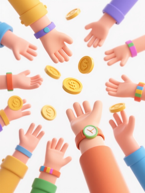 3D卡通风格插画，多只不同姿态的卡通手臂从底部向上伸出，手腕佩戴着色彩鲜艳的手环和手表，手掌向上张开或弯曲，正在接住空中飞舞的黄色金币，金币上有美元符号，整体画面明亮欢快，采用白色背景突出主体，光影柔和，具有立体感和童趣，构图充满向上的动感，视觉焦点集中在金币与手掌的互动上，传达出积极获取的氛围。预览效果