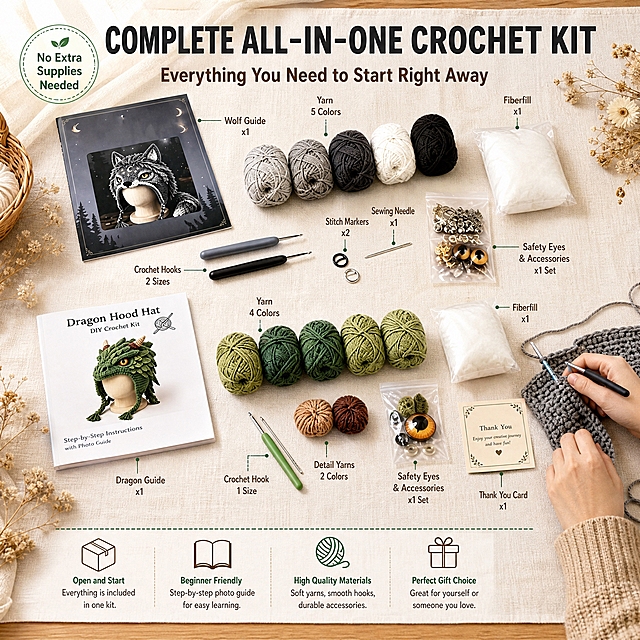 [主图-2] 主题：All-in-One Beginner DIY Crochet Kit 全套配件齐全展示。唯一任务：向买家证明这是一套开箱即可开始编织的完整材料包，无需额外购买配件。
[统一基调] 跨境亚马逊风格，温暖治愈的手工编织场景，原木色桌面+米白色棉麻桌布背景，英文无衬线粗体标题字色为深炭灰，辅助说明字色为暖棕色，强调色用森林绿点缀图标和分隔线，卡片用米白色底+浅棕细边，整体温馨有手作感但信息清晰。
[画面] 画面为温暖的手工桌面场景：原木色桌面上铺着米白色棉麻桌布，中央区域用Knolling方式整齐排列狼款和龙款两套材料包的核心配件，包括灰色系和绿色系毛线团、人体工学钩针、填充棉、记号扣、缝合针、眼睛配件、纸质教程手册。每件配件旁用细引线标注英文名称和数量。桌面散落几片干花和一个小藤编篮子作为氛围装饰。左上角放一个圆形图标写"No Extra Supplies Needed"。右下角有一双自然摆放的手（只展示手部和小臂，穿米色毛衣），手边放着半完成的灰色织片和钩针，暗示正在编织的状态。产品占画面约60%，视角为俯视45度。
[光影质感] 温暖柔和的窗边自然光，从左上方斜射，配件下方有自然柔和的接触阴影，毛线团呈现柔软蓬松的绒感，钩针有金属光泽，桌面有木纹和棉麻纹理，整体温馨治愈。
[配色] 背景原木色+米白棉麻，主体保持原图真实颜色，文字深灰+暖棕，强调色森林绿。
[文字版式] 顶部大标题横排："COMPLETE ALL-IN-ONE CROCHET KIT"；副标题在下方："Everything You Need to Start Right Away"；配件标签用小号无衬线字体。所有文字放在负空间，不遮挡产品主体。
[输出要求] 1:1正方形，2048x2048，2K分辨率，文字清晰锐利，产品细节清楚。负向：变形、错字、模糊、杂乱、水印、平台Logo、中文文字、悬浮感、穿模、畸形手。