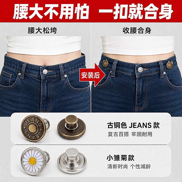 [主图-2] 免钉收腰扣 使用效果对比图 展示牛仔裤腰大改小前后对比 突出收腰效果。
[统一基调] 抖音电商风格 强视觉冲击 高清实拍质感 浅灰色高级背景 主标题白色粗体大字配红色强调色块 辅助文字深灰色 整体简洁有力 痛点直击。
[画面] 左右分屏对比构图 左侧为腰大宽松的牛仔裤正面 腰头明显松垮 右侧为安装免钉收腰扣后的牛仔裤正面 腰头收合紧致 合身效果明显 中间用箭头分隔 箭头指向右侧 上下各展示一款不同款式的收腰扣特写 古铜色JEANS款在上 小雏菊款在下 产品细节清晰 牛仔裤为深蓝色经典款 整体展示腰部区域为主。
[光影质感] 商业摄影棚拍光 均匀明亮 牛仔裤布料纹理清晰 金属扣有自然高光 对比两侧光线一致 阴影柔和。
[配色] 背景浅灰色 牛仔裤深蓝色 金属扣古铜色银色 对比箭头红色 标题文字白色配红色底。
[文字版式] 画面顶部红色通栏"腰大不用怕 一扣就合身" 左侧上方小字"腰大松垮" 右侧上方小字"收腰合身" 中间红色箭头标"安装后" 字体粗黑体 大小层级分明。
[输出要求] 1:1正方形比例 对比效果直观 产品清晰 文字可读 无变形 无错字 无模糊 无水印 无平台Logo。