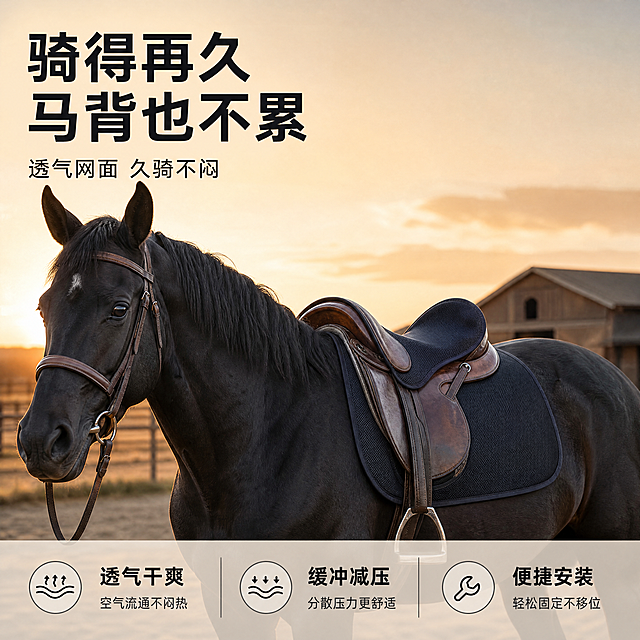 [主图-1] 马术户外场景马鞍透气减震垫首图。氛围是专业马术户外日落氛围感，自然真实。画质要求商业摄影质感，光线自然柔和通透，产品清晰真实，画面干净高级。元素包含安装好减震垫的黑色马匹马鞍居中展示，背景为开阔马场黄昏日落，远景模糊的马厩轮廓，光影温暖有层次。需要保持黑色网状马鞍垫外观（物理结构、材质质感、颜色）与输入产品图绝对一致，杜绝任何变形和色差，精细化处理。商品主体占比严格控制在70%左右，画面满屏无边框。光影采用黄昏侧逆光，勾勒产品和马匹轮廓，背景暖调虚化，主光勾勒产品，辅光保留暗部层次。配色为主色调自然暖棕+黑色，辅助日落暖金色。视角构图是平视四分之三角度，主体为中心，景深适中。文字版式要求左上负空间左对齐留安全边距，大字主文案"骑得再久 马背也不累"，黑色粗体无衬线最大字号，辅助短句"透气网面 久骑不闷"约半高同色系。底部通栏半透明渐变蒙层均分三列：列一 透气干爽 列二 缓冲减压 列三 便捷安装，每列短句上大下小，深字浅底对比清晰。比例分辨率为1:1，4k分辨率，文字清晰锐利，超高清。负向提示词为变形，水印，文字错乱，产品图模糊，背景杂乱。