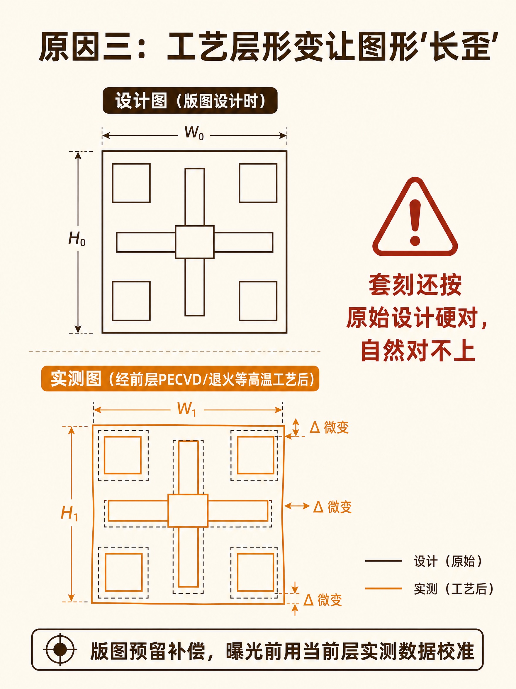 原因三讲解图，米白色背景。顶部标题“原因三：工艺层形变让图形'… - 图片创意预览
