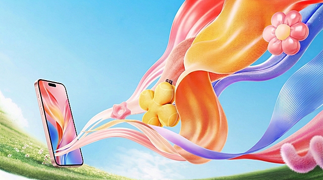 在图片左侧原购物袋位置添加一个现代智能手机模型，让原有彩色丝带从手机机身内部自然飘出，保留原图所有其他装饰元素、草地蓝天背景和整体风格不变