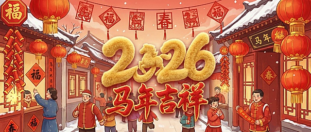国潮插画风，融合剪纸与毛发生长元素，大字“2026马年吉祥”跃然眼前，喜庆中式街景洋溢节日氛围。
