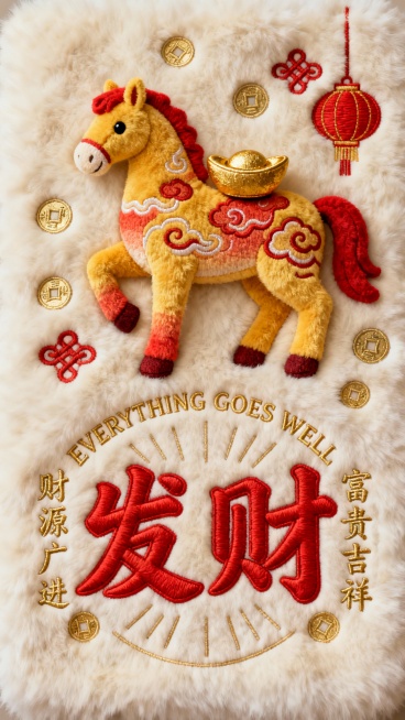 米白色毛绒材质背景上，中央是一只色彩改为金黄色与红色渐变、带有祥云纹路的毛绒骏马，它身上一枚金元宝，周围点缀着金色铜钱和红色灯笼刺绣图案。正下方是醒目的红色立体刺绣“发财”二字，字体饱满有力。文字围绕预览效果