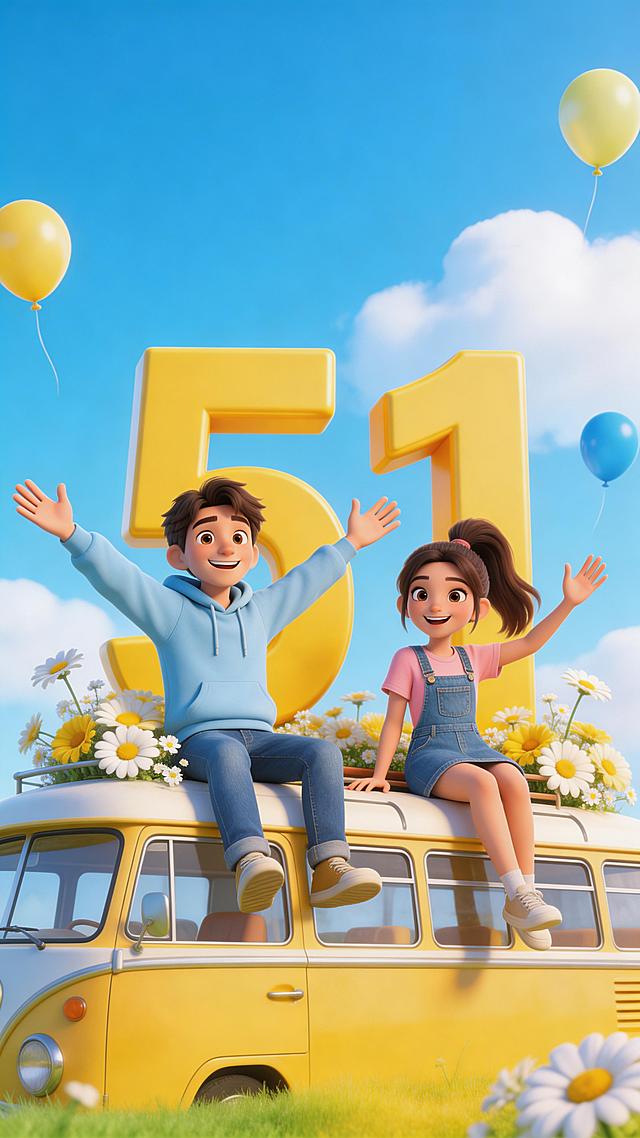 3D卡通风格，五一劳动节主题插画，两个充满青春活力的少年少女坐在黄色复古巴士车顶，身后是巨大的明亮黄色立体数字“51”，周围环绕着黄白相间的雏菊、小野花和黄绿渐变的草地，天空是明亮的湛蓝色，点缀着蓬松的白云和漂浮的黄蓝气球，少年少女穿着清爽休闲的春装，笑容灿烂，肢体舒展充满动感，整体色调清新明亮，充满春日活力与节日氛围，迪士尼皮克斯质感，细腻光影，高清细节，8K分辨率，白底背景，适合海报和宣传物料