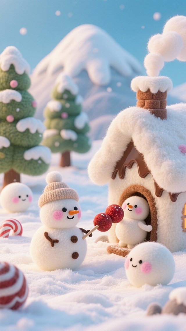 一片蓬松的雪地上，几个圆滚滚、白白胖胖的“小雪人汤圆”正在忙碌。它们有豆豆眼和粉红腮红，戴着迷你针织帽。一个在推一个比自己还大的糖葫芦（山楂也圆滚滚），一个正从“巧克力酱小屋”的烟囱里拉出“棉花糖炊烟”。背景是糖霜树木和椰蓉雪山。