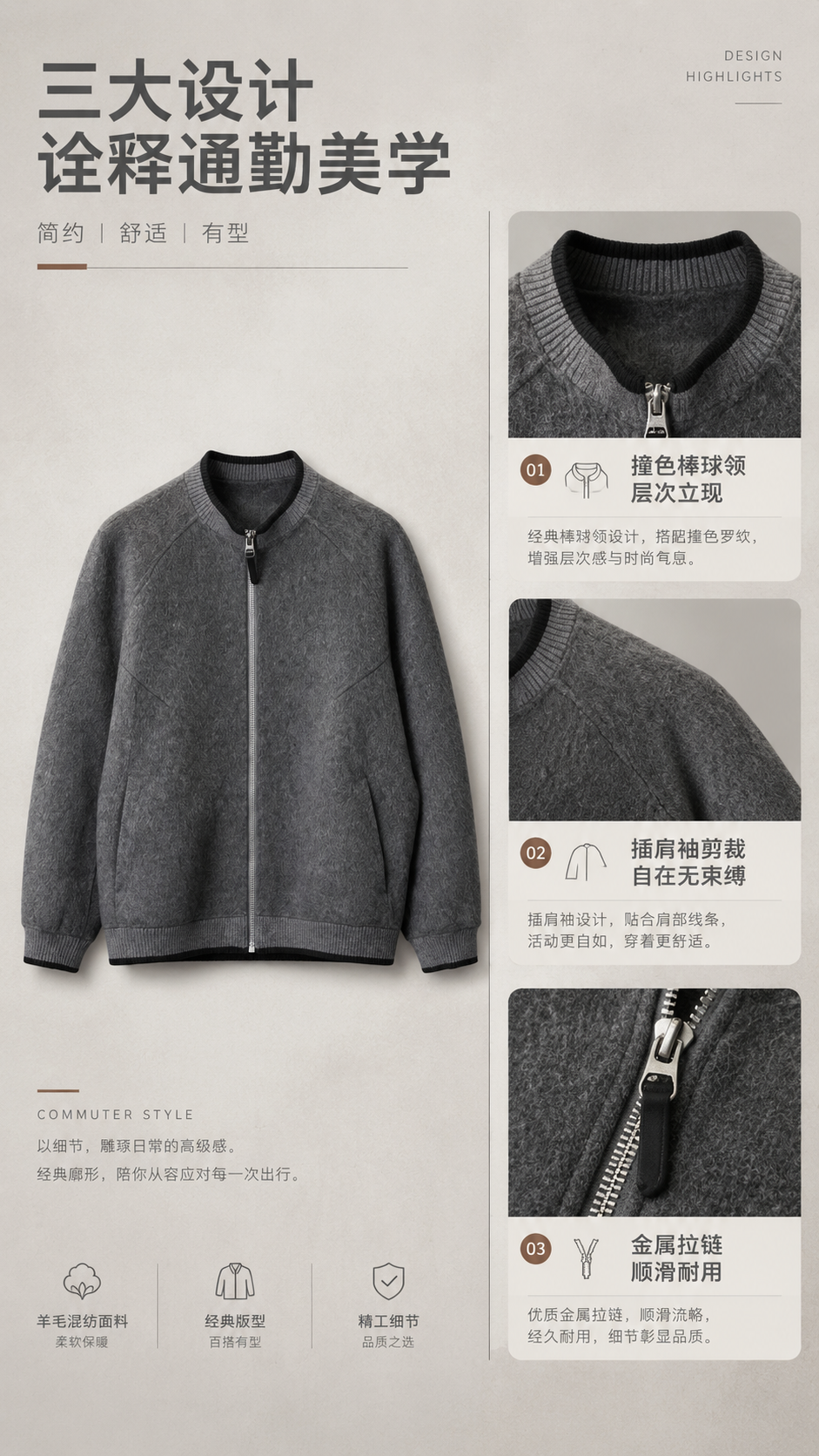 [商品] 使用【图1】灰色羊毛混纺棒球领拉链夹克；商品处理：保… - 图片创意预览
