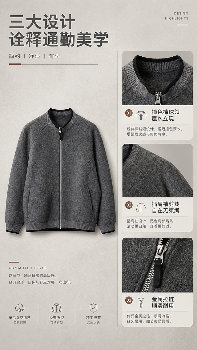 [商品] 使用【图1】灰色羊毛混纺棒球领拉链夹克；商品处理：保留棒球领、撞色黑边罗纹、插肩袖、金属拉链、斜插口袋、灰色羊毛混纺面料、下摆罗纹和整体版型；自然去除衣身杂乱褶皱，理顺垂坠，增强羊毛绒感纹理、缝线、拉链五金质感，不改变版型、颜色和结构。
[画面] 目标为设计理念页，拆解三大设计亮点；竖版构图，左侧展示夹克正面全貌（占画面约40%），右侧分三栏展示设计细节局部放大图：棒球领撞色罗纹、插肩袖剪裁、金属拉链头；背景为暖灰色浅底，搭配米色纸张质感衬底与细线分割，营造设计手稿氛围；阅读动线从左到右、从上到下。
[视觉] 套系策略：风格=高级极简都市通勤商业摄影；标题字=现代无衬线粗体（字重Bold）；正文字=简洁无衬线体（字重Regular）；主色=高级暖灰；背景延展=基于暖灰做深浅层级渐变、细腻水泥/纸张质感；强调色=焦糖棕，仅用于小面积图标、引线和标签；标题色=深炭灰；正文色=中暖灰；组件=圆角浅底信息卡、细线引线、极简标签；光影=左前侧暖柔光，右侧柔和阴影。
[文字] 顶部主标题「三大设计 诠释通勤美学」，右侧三栏分别配小标题+短说明：「撞色棒球领 层次立现」「插肩袖剪裁 自在无束缚」「金属拉链 顺滑耐用」；每栏配细线图标点缀；所有文字横排，层级清晰，手机端可读。
[规格] 图片比例9:16竖版，分辨率2K，避免变形、错字、文字过小、冷蓝背景、衣服颜色改变、版型失真、绝对化用语。