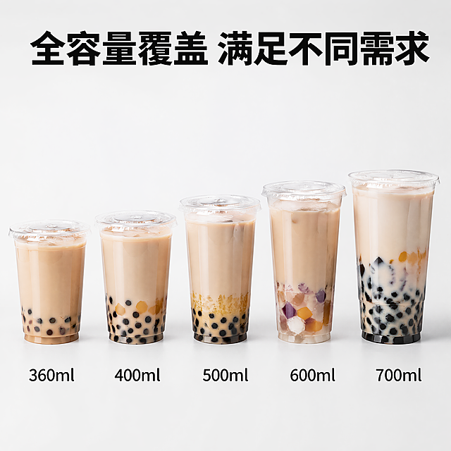 [主图-4] 一次性PET奶茶杯多容量规格展示图。
[氛围风格] 简洁直白，性价比突出，符合拼多多平台风格；
[画质] 商业摄影质感，光线明亮通透，产品清晰真实，画面干净高级；
[元素] 五种不同容量的一次性PET奶茶杯整齐水平排列，分别标注容量：360ml、400ml、500ml、600ml、700ml，从左到右从小到大依次排列，清晰展示不同尺寸选择。背景浅白色干净，商品排列整齐有序。
[光影] 均匀明亮自然光，清晰展示每个杯子尺寸；
[配色] 浅白底色，黑色容量标注清晰醒目；
[视角构图] 平视整体拍摄，所有杯子完整展示；
[文字版式] 顶部大字 "全容量覆盖 满足不同需求"，黑色粗体，每个杯子下方标注对应容量，字体大小适中清晰可读；
[比例分辨率] 1:1比例，4k分辨率，文字清晰锐利，超高清；
[负向提示词] 变形，水印，文字错乱，产品图模糊，背景杂乱，绝对化违禁用词