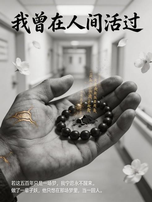 微距特写，书籍封面，顶部大字书名"我曾在人间活过"，一只粗糙布满老茧和烫伤疤痕的男人大手，正小心翼翼捧着一串正在碎裂的黑色佛珠，一颗珠子已经化为齑粉，粉末中隐约可见金色经文在消散，背景是模糊的医院走廊预览效果