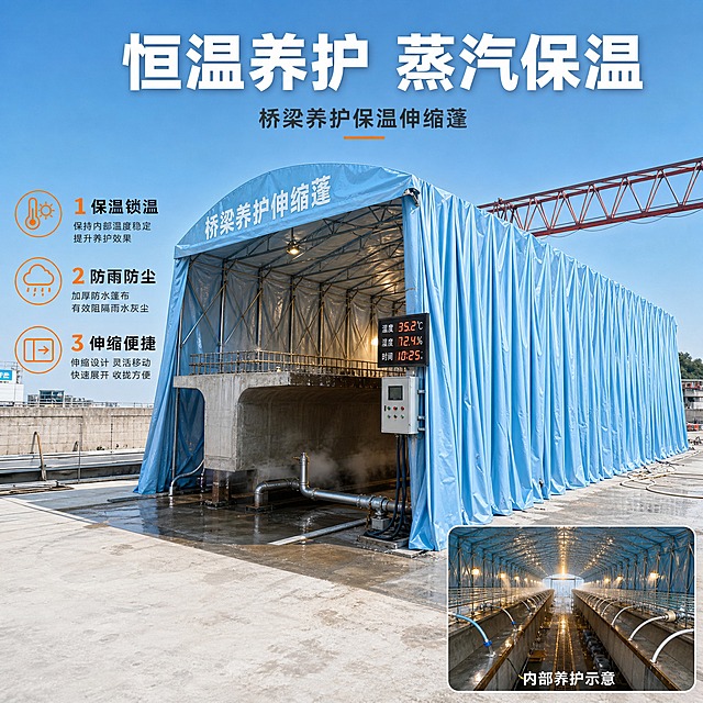 [主图-2] 桥梁养护保温伸缩蓬 浅蓝色款 内部养护场景展示图。
[统一基调] 专业工业风 真实工地场景 浅蓝主色调 白色粗黑体标题 深灰辅助字 橙色强调色 简洁稳重 文字占比小于30%。
[画面] 主体为浅蓝色桥梁养护伸缩保温蓬 篷布一端完全拉开 展示内部桥梁箱梁养护的真实场景 内部可见蒸汽养护管道和温湿度监测设备 混凝土梁体表面湿润 篷布为浅蓝色加厚防水布 顶部弧形钢架结构清晰 侧面篷布有规律的折叠褶皱 篷体放置在水泥工地场地上 背景有工地围墙和少量施工设备 产品占画面约65% 视角为正面偏左30度 中景距离 既能看到完整篷体外形又能看清内部养护场景。
[光影质感] 白天柔和自然光 外部光线从开口处照入内部 形成内外明暗对比 篷布材质有轻微反光 地面投影自然 工程摄影质感 细节清晰。
[配色] 整体浅蓝色主调 篷布为清爽浅蓝色 内部暖黄色养护灯光点缀 背景灰调工地 白色标题字 深灰色说明文字 橙色功能标签 视觉明亮专业。
[文字版式] 顶部居中大标题 恒温养护 蒸汽保温 左侧中部三个编号卖点 1 保温锁温 2 防雨防尘 3 伸缩便捷 每个卖点配小图标 右下角放内部场景小画中画框 标注 内部养护示意 文字放在画面上下负空间 不遮挡主体篷体。
[输出要求] 800*800像素 1:1比例 高清画质 产品清晰不变形 文字清晰可读 无水印 无平台logo 无多余杂物 画面干净专业。