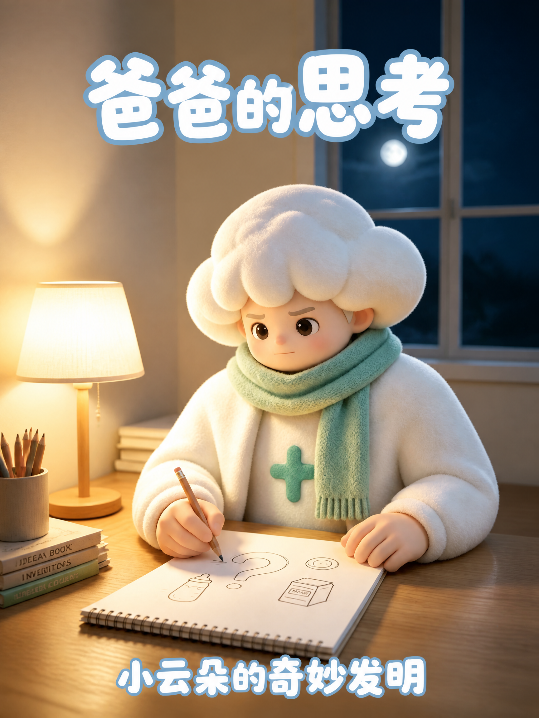 在这张夜间书房云朵爸爸思考的图片上添加文字排版，保持原图所有元… - 图片创意预览