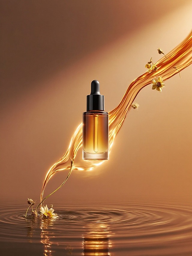 商业静物摄影。主体不变，悬浮在空中，右上角伸出暖色调环绕浮动的鎏光水流（超长，斜着）贯穿到左下角，空中自然漂浮着干花，底部水波纹，暖色调渐变背景，高级的光影。