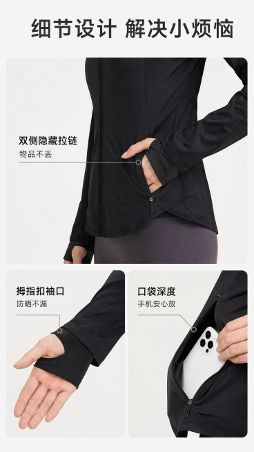 [第5屏] 拉链口袋+拇指扣袖口细节页。细节解析干净利落，上下结构上放大黑色拉链口袋模特插兜展示，下左展示拇指扣袖口右展示口袋深度，保持黑色结构颜色和输入一致。侧光突出纹理质感真实。全局底色#f8f8预览效果
