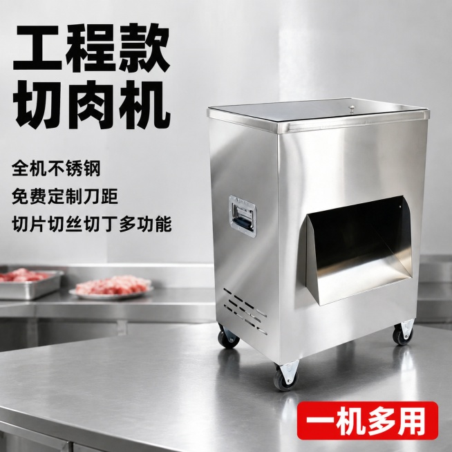 [主图-1] 工程款切肉机产品首图；[氛围风格] 专业硬核五金器械风格，拼多多平台大字直白风格；[画质] 商业摄影质感、光线柔和通透、产品清晰真实、画面干净高级；[元素] 工程款切肉机主体居中放置在灰预览效果