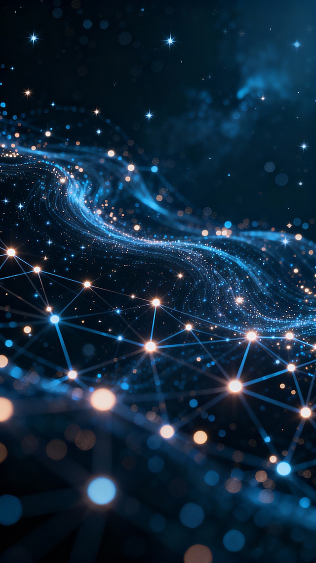 Abstract crypto data universe, flowing light particles, digital constellations, deep space background, glowing network nodes, cinematic sci-fi style, elegant and calm atmosphere, ultra detailed, no symbols, no text