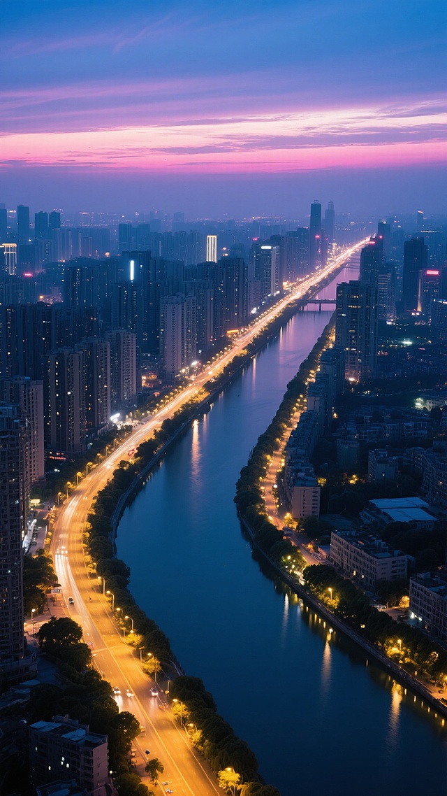 垂直构图的城市夜景航拍，干净风格，深蓝与靛青色为主色调的夜空，点缀着粉紫色渐变的晚霞，城市建筑群沿着中轴线密集排列，道路上的暖黄色车灯形成流动的光带，河流蜿蜒穿过城市，水面倒映着岸边灯火，整体画面光影对比柔和，线条清晰，无多余元素，适合作为背景素材使用，氛围宁静而现代。