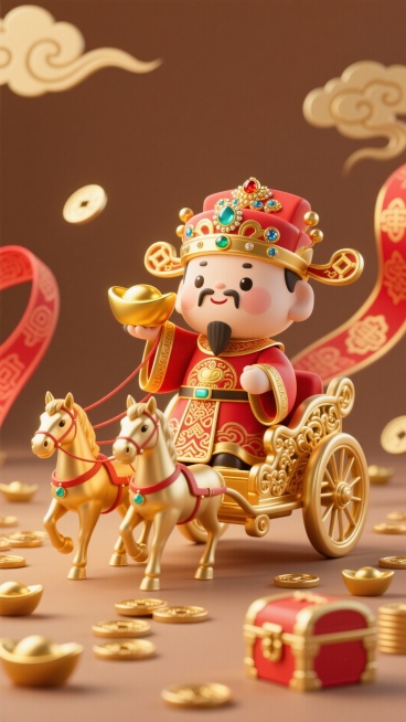 竖版 Q 版财神祥瑞形象设计图，主体为卡通财神：身着红金相间的传统官服（饰宝石纹样），头戴镶宝官帽，坐于金色雕花马车中，手持金元宝，马车由两匹金色骏马牵引；背景为暖棕色调，搭配祥云、红金纹样飘带，前景预览效果