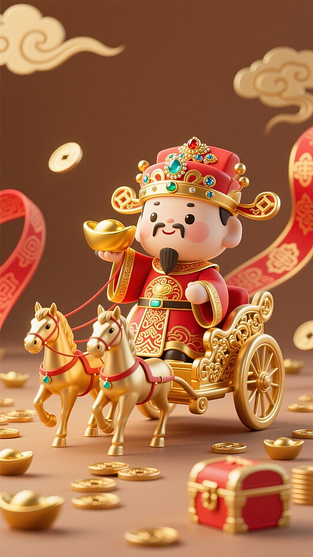 竖版 Q 版财神祥瑞形象设计图，主体为卡通财神：身着红金相间的传统官服（饰宝石纹样），头戴镶宝官帽，坐于金色雕花马车中，手持金元宝，马车由两匹金色骏马牵引；背景为暖棕色调，搭配祥云、红金纹样飘带，前景散落金元宝、铜钱及红金宝箱；整体光线暖调明亮，呈现精致华丽的 3D 渲染质感，高分辨率 4K，超精细细节，喜庆富贵风格，色彩浓郁饱和。