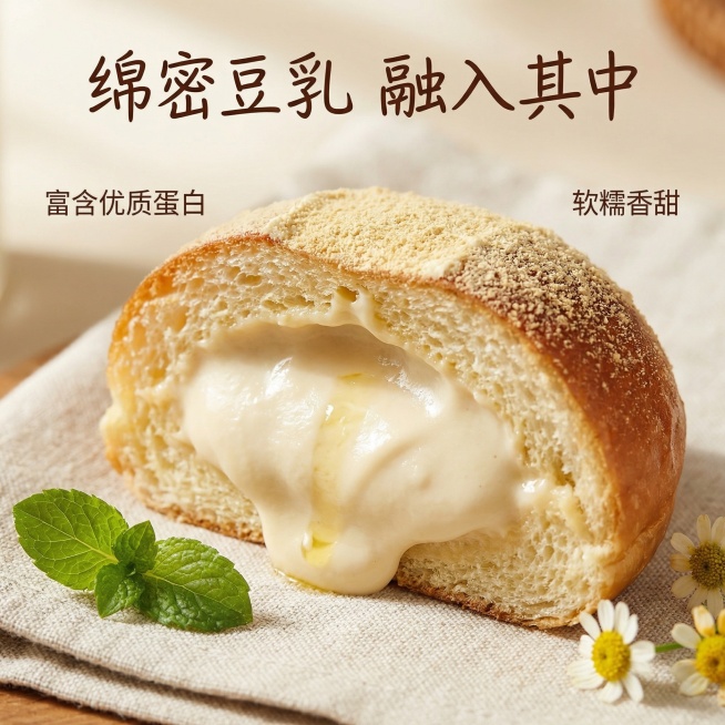 [主图3 内馅细节展示] 主图主题：绵密豆乳内馅细节特写，氛围风格：超有食欲的微距特写，温暖自然光线，画面元素：对切的黄豆面包，展示绵密豆乳内馅，豆乳微微流出，保留面包外皮外观和原图一致，放置在浅米色预览效果
