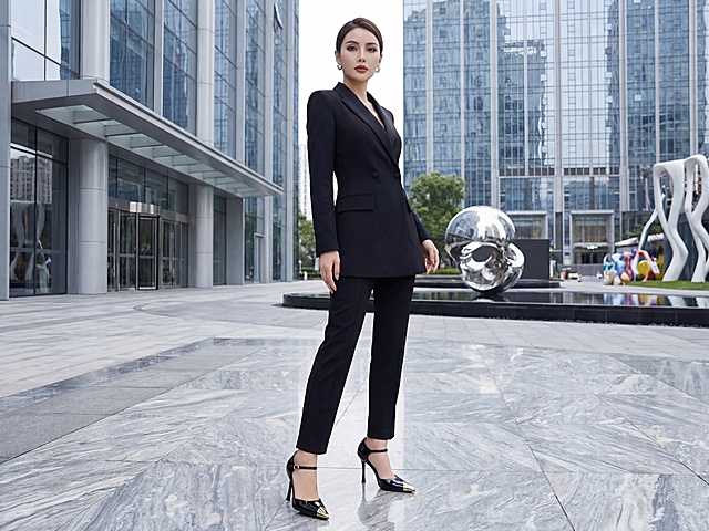 一位穿着高跟鞋的性感美女，优雅站立姿势，时尚穿搭，精致妆容，背景为现代都市环境，高质量摄影风格，突出高跟鞋细节，与参考图中的高跟鞋款式相似