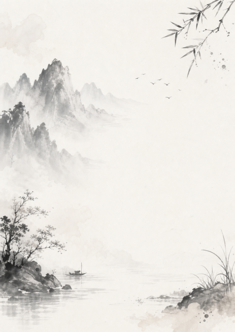水墨风格的A4尺寸背景图，淡雅留白，中式山水墨韵，写意国风预览效果