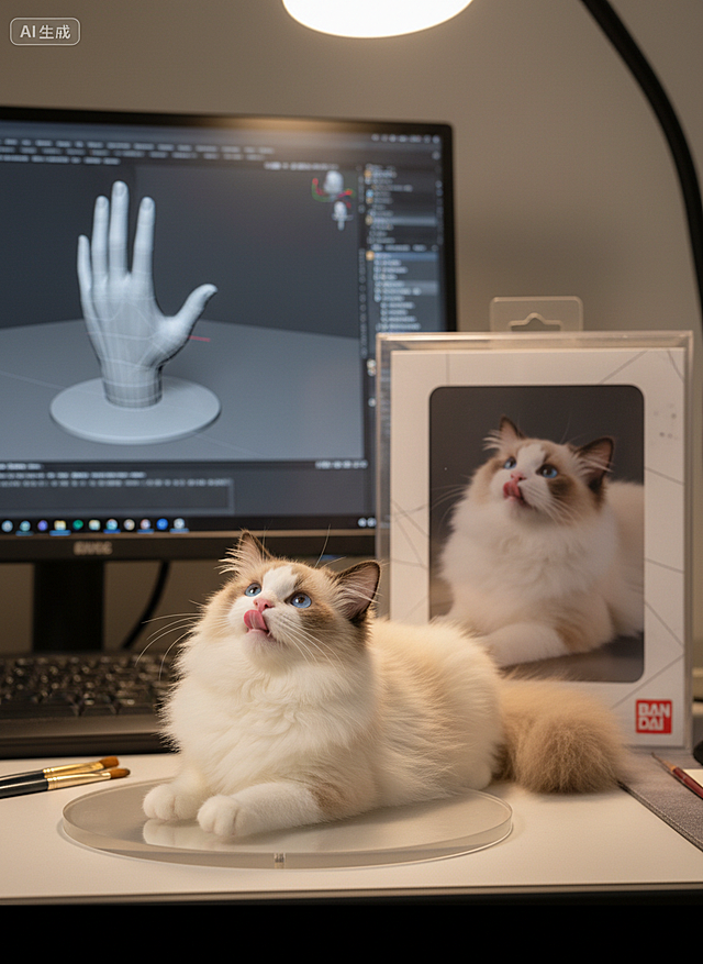 将这个图片制作成一个商业化1/7比例手办，风格写实，环境逼真。手办放置在电脑桌上，配有一个圆形透明亚克力底座，底座上没有文字。电脑屏幕上显示着手办的Zbrush建模过程。电脑屏幕旁边是一个万代风格的透明玩具盒，上面印有原始画作。