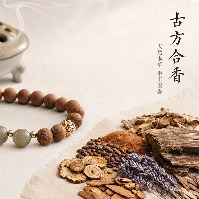 [主图-2] 核心亮点，展示古方合香材质与天然药香珠工艺，突出天然原料与手工制作价值。
[统一基调] 高级国风 中式素雅氛围感 干净极简白色背景 浅水墨宣纸元素 柔和自然光 浅景深 8K高清 商业静物摄影 细节细腻 柔和阴影 画面留白充足 无多余杂物。
[画面] 画面左侧特写展示药香珠手串的局部细节，放大展示3-5颗棕褐色药香珠，珠体表面有细微天然纹理，质感温润如木。右侧画面下方大面积平铺摆放多种天然中草药原料：沉香片、檀香木粉、干梨片、薰衣草花穗、酸枣仁等，原料分类摆放层次分明，全部铺在浅水墨宣纸上面，宣纸边缘有自然毛边。左上角隐约可见陶瓷香薰炉一角，飘出极淡青烟。主体（药香珠特写）占画面左侧约40%，右侧原料展示占约50%，上方留白充足。
[光影质感] 柔和侧逆光照射，药香珠表面纹理清晰可见，中草药原料的天然质感层次丰富，沉香片的木纹、梨片的纤维、薰衣草的花瓣细节都清晰呈现，宣纸的纹理质感自然，阴影柔和，整体画面通透干净。
[配色] 主色调为米白、浅棕、深褐、淡紫、玉青，色彩丰富但和谐统一，天然原料的自然色彩营造质朴高级感。
[文字版式] 画面右上方竖排文字「古方合香」，采用书法楷体，深褐色，字号较大。其下方竖排小字「天然本草 手工凝香」，采用细宋体，浅褐色。文字均在右侧留白区域，不遮挡产品。
[输出要求] 1:1正方形比例 2048*2048像素 文字清晰可读 产品清晰锐利 材质真实 构图高级 负向：变形 错字 模糊 杂乱 水印 平台Logo 多余杂物 塑料感 过曝