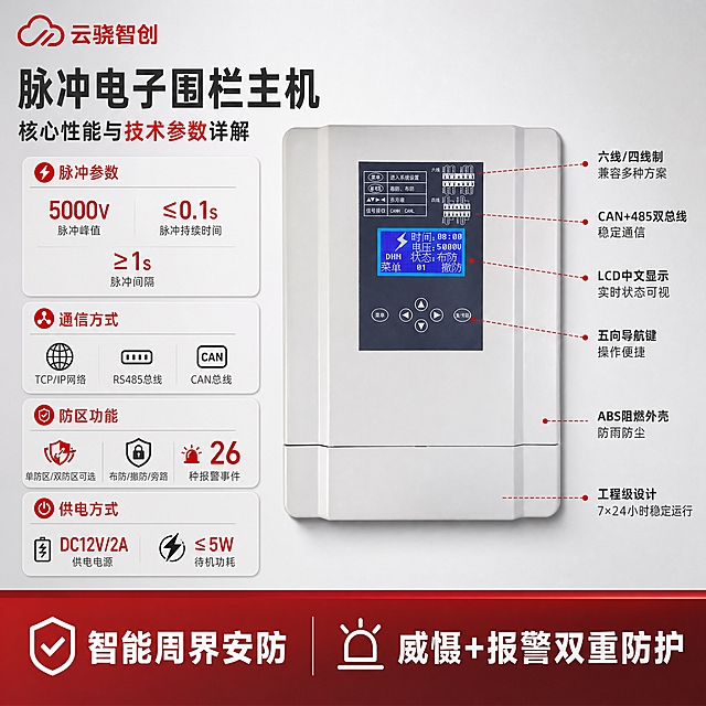 [主图-2] 核心亮点功能图，主题为脉冲电子围栏主机核心性能与技术参数详解，突出专业报警设备的技术优势。
[统一基调] 报警行业专业配色，主色白色+浅灰色，警示红色作为点缀强调色；产品名称文字优先凸显，字号最大最粗；柔和棚拍光，排版克制高级，画面满版无空白，空白位置用产品优势文字填充；左上角放置云骁智创红色LOGO，保持LOGO原样不变形；设备外观严格保持原图不变，不扭曲不改变结构颜色材质。
[画面] 画面右侧放置脉冲电子围栏主机大图，占画面约50%，正面视角，完整展示机身细节、显示屏内容、按键布局；主机周围用引线标注方式指向6个核心功能部位：显示屏区域标注「LCD中文显示 实时状态可视」，按键区域标注「五向导航键 操作便捷」，接线端子区域标注「六线/四线制 兼容多种方案」，通信接口区域标注「CAN+485双总线 稳定通信」，机身外壳标注「ABS阻燃外壳 防雨防尘」，整体标注「工程级设计 7×24小时稳定运行」；画面左侧为参数信息区，背景为优化后的浅灰色棚拍背景。
[光影质感] 柔和棚拍光，主光均匀，产品细节清晰可见，机身质感真实，阴影自然，整体干净专业。
[配色] 背景主色浅灰渐变，标题深灰色，引线和重点参数用警示红点缀，辅助文字中灰色；整体白灰红配色，专业克制。
[文字版式] 左上角云骁智创红色LOGO；画面左上部大标题「核心技术参数」，标题下方分模块展示参数：【脉冲参数】脉冲峰值5000V 脉冲持续时间≤0.1s 脉冲间隔≥1s；【通信方式】TCP/IP网络 RS485总线 CAN总线；【防区功能】单防区/双防区可选 布防/撤防/旁路 26种报警事件；【供电方式】DC12V/2A 待机功耗≤5W；画面底部通栏卖点条：智能周界安防 威慑+报警双重防护；所有文字横排，无衬线字体，参数用大号数字+小号说明形式呈现。
[输出要求] 1:1正方形，产品外观与原图完全一致，引线标注清晰，参数完整，画面饱满；负向：禁止产品变形、禁止深色背景、禁止花哨配色、禁止水印、禁止错字。