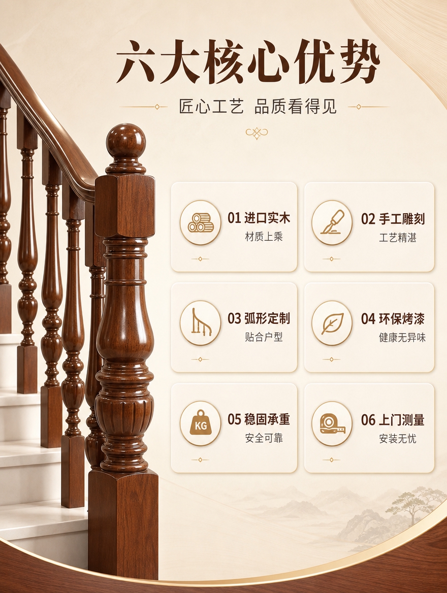 [商品] 使用【图1】深棕色实木弧形楼梯扶手局部特写；保留葫芦… - 图片创意预览