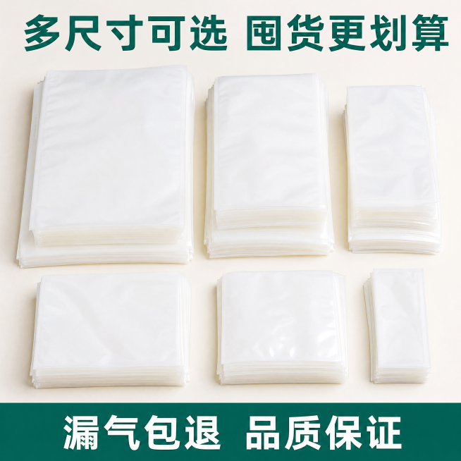 [主图-5] 透明食品真空袋规格陈列权益展示图。
[氛围风格] 整齐通透，突出量大实惠，促进转化。
[画质] 商业摄影质感、光线柔和通透、产品清晰真实、画面干净高级。
[元素] 多包不同尺寸的透明真空预览效果