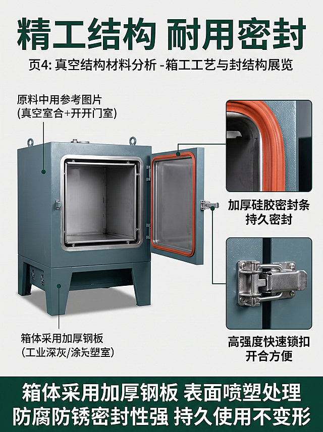 [第4屏] 真空箱结构材质解析页-箱体工艺与密封结构展示。本屏使用原第1张（真空箱整体）、原第2张（开门箱体）、原第3张（锁扣）组合展示。
[氛围/风格] 专业工业技术解析风格，结构清晰，重点突出，真实可信。
[元素布局] 页面上方主标题，中部放置真空箱正面整体图，占画面约55%，右侧增加两个细节画中画，上方画中画放大展示密封条细节，下方画中画放大展示锁扣结构，保持产品结构、外观、颜色与原始产品图一致。每个画中画配文字标注说明，底部增加通栏卖点说明。
[光影质感] 主产品主光均匀，画中画细节光线更突出，纹理清晰，金属和漆面质感表现真实，明暗层次分明。
[配色色系] 全局底色 #f0f0f0，主标题深绿色，标注文字黑色，底栏深绿底白字。
[视角构图] 正面主图居中，右侧纵向排列两个细节画中画，整体构图平衡，信息分区清晰。
[文字版式] 顶部大标题"精工结构 耐用密封"；两个画中画分别标注：加厚硅胶密封条持久密封、高强度快速锁扣开合方便；底部通栏文案"箱体采用加厚钢板 表面喷塑处理 防腐防锈密封性强 持久使用不变形"，白色大字清晰醒目。
[比例分辨率] 3:4竖版比例，4K分辨率，文字清晰可辨，高清画质。
[负向提示词] 结构变形，颜色偏差，文字错乱，细节模糊，水印，平台Logo