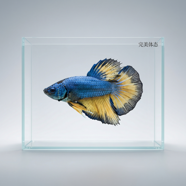 [主图 3] 芥子斗鱼侧身展示多视角细节
[氛围风格] 真实水族质感，简约中国风
[画面元素] 商业摄影质感、光线柔和通透、产品清晰真实、画面干净高级。完整展示斗鱼侧身整体形态，清晰呈现鳞片纹理和体型预览效果