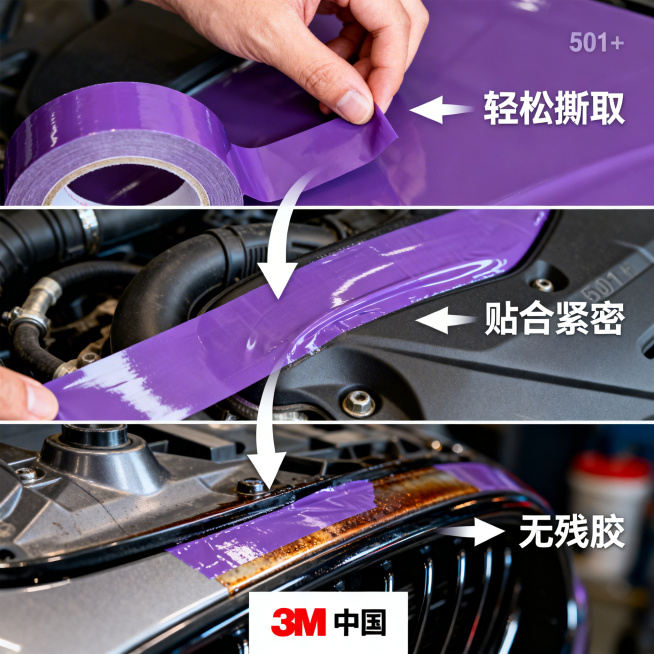 淘宝主图，动态演示风格，画面用分镜展示3M 501+紫色耐高温工业遮蔽胶带的使用过程：1. 轻松撕取胶带；2. 贴合复杂曲面零件；3. 高温烘烤后完整撕除无残胶，用箭头和简短文字标注每个步骤的核心优势预览效果