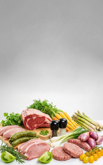 保持竖版渐变灰色背景和生鲜肉类主体，调整蔬菜搭配种类，改变肉品组合，让整体色调更明亮，差异化于原图和上一张生成图预览效果