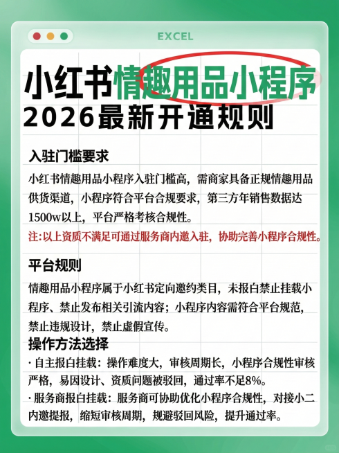 保持原图的绿色渐变背景、Excel窗口样式、字体大小和排版风格，标题替换为“小红书 情趣用品小程序 2026 最新开通规则”，其中“情趣用品小程序”用绿色字体加红色椭圆圈标注。内容为：入驻门槛要求
小预览效果