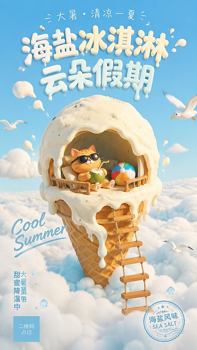 竖版9:16大暑节气宣传海报，OC渲染，黏土质感3D卡通，治愈清新夏日风格，柔和漫射日光，无生硬阴影，8K超高清，细节丰富。画面底层为层层蓬松柔软的白色棉花云海，承托巨型冰淇淋甜筒；视觉主体是巨大香草冰淇淋华夫蛋筒悬浮云端，奶白色冰淇淋微微融化，大量奶浆顺着筒身垂落流淌，冰淇淋球体镂空形成观景小空间，内部有木质围栏，橘色短毛卡通猫咪戴着黑墨镜，慵懒躺卧，手持青椰子吸管饮用，身旁放置彩虹沙滩球；蛋筒外侧悬挂木质阶梯垂向云朵。环境为淡蓝色澄澈天空，几只白色海鸥自由飞翔，空气轻盈通透。色彩以晴空浅蓝、奶油米白、暖焦糖棕为主色调，海盐冰晶浅湖蓝、猫咪橘色、椰子青绿作为点缀，整体低饱和马卡龙冷调，突出清凉解暑。文字排版要求：画面顶部弧形为纤细手写字体「大暑・清凉一夏」，居中大号圆润立体融化字体「海盐冰淇淋 云朵假期」，字体带滴落奶油效果；画面左下角斜向手写英文 Cool Summer；画面底部左侧竖向排版文案「大暑至 甜蜜降温中」，底部右下角圆形蓝色复古印章贴纸，内部文字「海盐风味 SEA SALT」。构图分层清晰，Z 型视觉动线，文字贴合画面弧度不遮挡主体，留白充足，呈现冰凉松弛的云端度假氛围，适合甜品、地产大暑夏日营销物料，版式精美。画面中所有二维码区域使用纯色方块占位符呈现，方块中央标注"二维码占位"文字，严禁生成任何可识别的二维码图案。画面中必须完整呈现以下文字信息："大暑・清凉一夏"、"海盐冰淇淋 云朵假期"、"Cool Summer"、"大暑至 甜蜜降温中"、"海盐风味 SEA SALT"，所有文字必须精确渲染，不得错位、遗漏或编造。