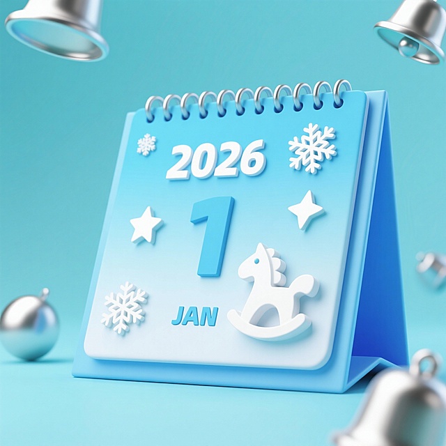 清新蓝调3D日历，软质浮雕质感，搭配雪flake与摇马，营造梦幻可爱新年氛围。