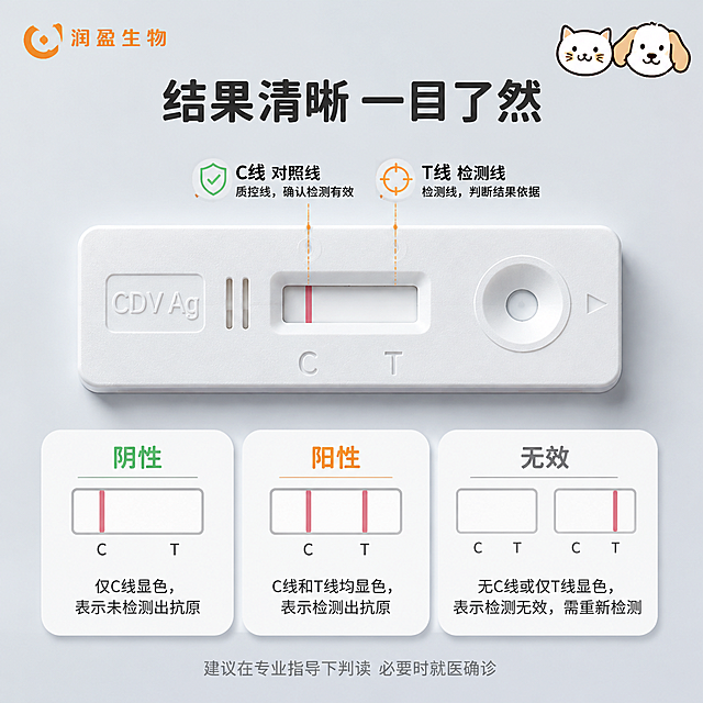 [主图-5] 结果判读与信任收口图
[氛围风格] 专业清晰 安心可信 结果明确
[画质] 商业摄影质感 信息清晰 质感干净
[元素] 画面中心展示一张检测卡的大特写，检测卡结果显示窗口清晰，C线明显（阴性结果示意），旁边用细引线和小图标标注"C线 对照线""T线 检测线"。检测卡放置在浅灰色哑光背景上。画面下方横向排列三个白色圆角结果说明卡片，分别展示三种结果状态：阴性（仅C线）、阳性（C线T线都有）、无效（无线或仅T线），每个卡片内有简化的检测线示意图。画面右上角有一只健康的猫咪和狗狗的卡通头像剪影，呼应产品适用对象。左上角保留"润盈生物"品牌Logo。整体干净专业，信息明确。
[光影] 顶部均匀柔光，检测卡表面质感清晰，阴影极淡，整体明亮干净。
[配色] 主背景色系：浅灰蓝渐变（专业感）；辅助色：产品包装橙色；强调色：浅绿（阴性结果标识）+ 浅橙（提示色）；卡片色：白色圆角+细边；标题色：深灰色。
[视角构图] 俯视中心构图，检测卡大特写上半部分为视觉焦点，下半部分三张结果卡片承接信息；上下分层，信息清晰有序。
[文字版式] 顶部居中主标题"结果清晰 一目了然"，深灰色大号圆润粗体；三张结果卡片上方分别标注：「阴性」「阳性」「无效」，对应颜色文字（阴性用绿色、阳性用橙色、无效用灰色）；卡片内有小字说明判读方法。底部一行小字"建议在专业指导下判读 必要时就医确诊"，浅灰色小号字。
[输出要求] 1:1比例 文字清晰锐利 超高清商业摄影质感
[负向提示词] 变形 文字错乱 产品图模糊 背景杂乱 水印 电商平台Logo