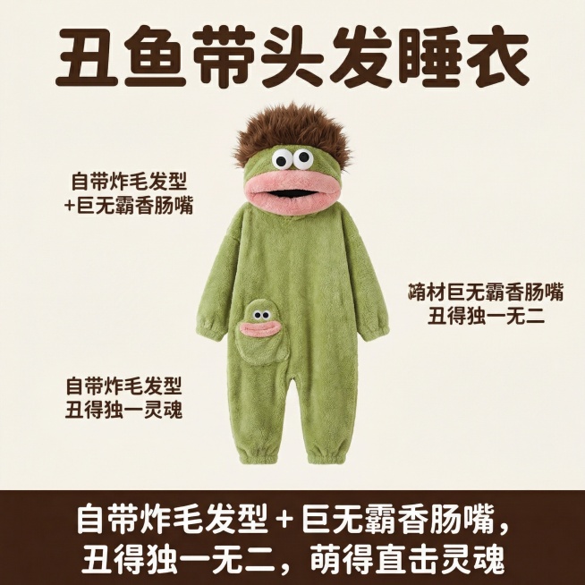 这是一款丑鱼带头发睡衣，添加【丑鱼带头发睡衣】【自带炸毛发型 + 巨无霸香肠嘴，丑得独一无二，萌得直击灵魂】预览效果
