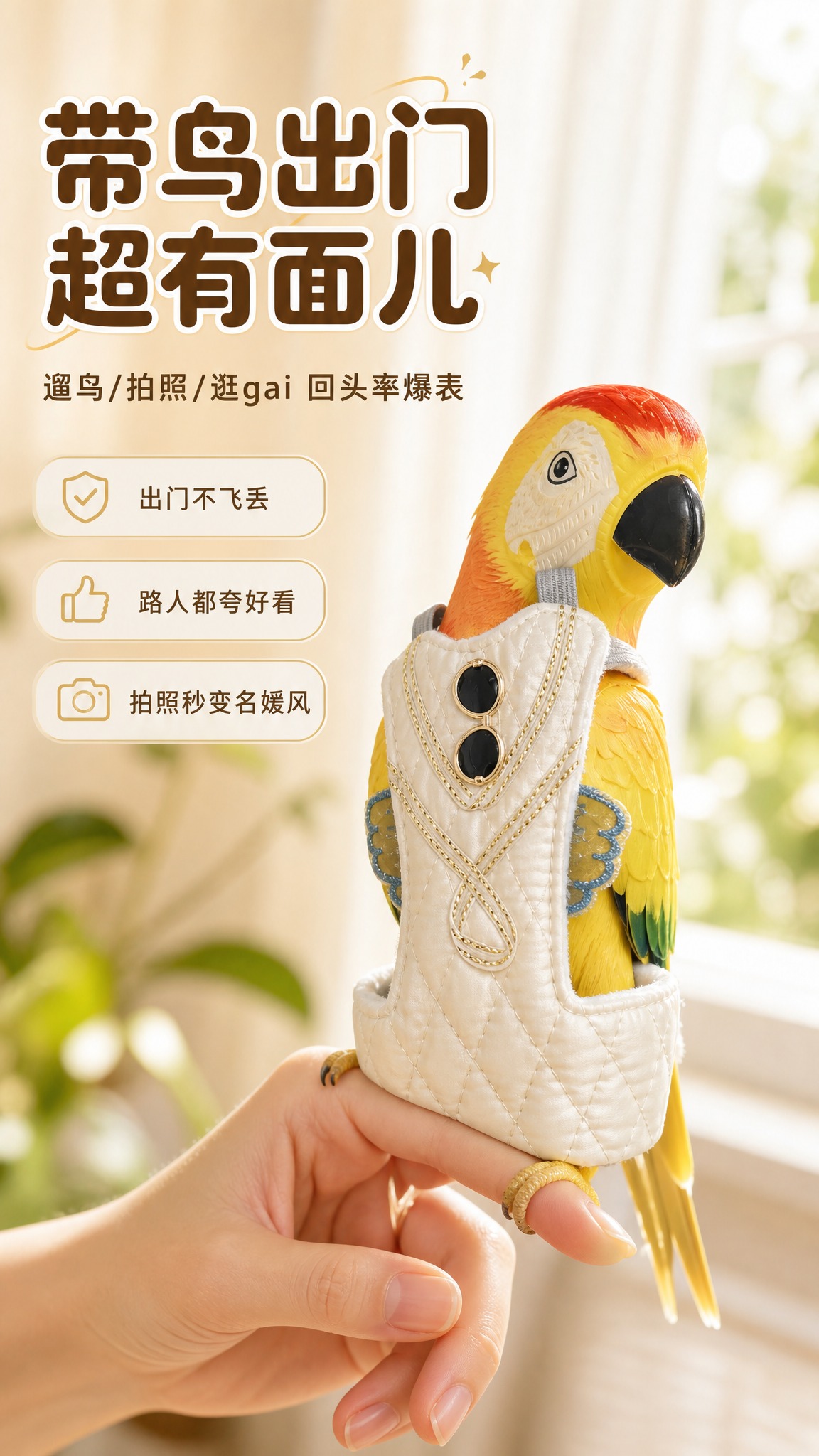 [商品] 使用【图5】鹦鹉佩戴米白菱格绗缝背带图；商品处理：保… - 图片创意预览