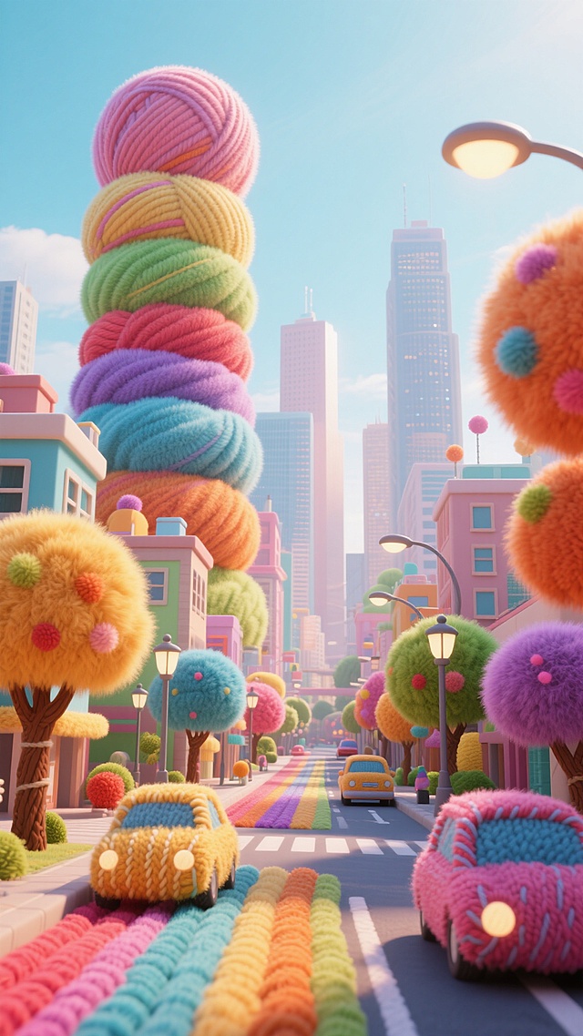 超现实主义风格的毛茸茸城市全景，城市中的所有建筑、街道、树木、车辆、路灯等元素均由不同颜色的毛线编织而成，远处的高楼大厦像巨型毛线团堆叠，街道如同彩色毛线铺就的路径，树木是蓬松的毛线球组成的树冠，车辆是毛线缝制的造型，天空呈现柔和的淡蓝色调，整体画面细节丰富，充满柔软可爱的质感，营造出温暖治愈的氛围
